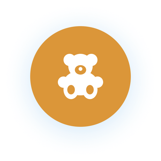White teddy bear icon on orange circle.