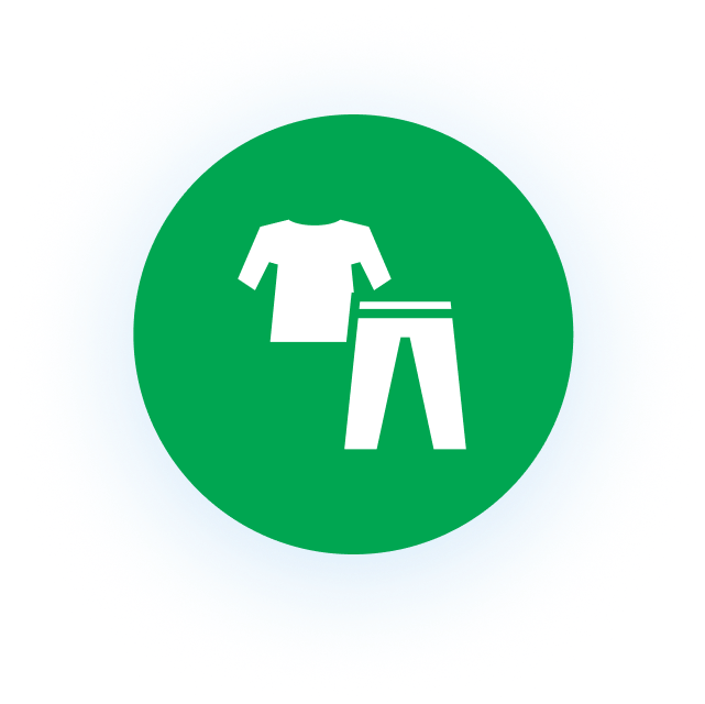Green icon with shirt and pants silhouette.